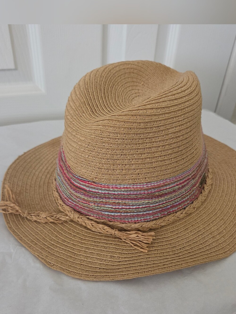 Sun 'N' Sand Tan Straw Sun Hat with Pink-Striped Accent Band